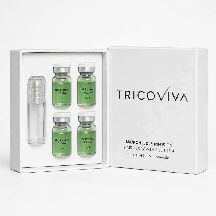 Box of the 1 month package: four serum ampoules and one microneedle