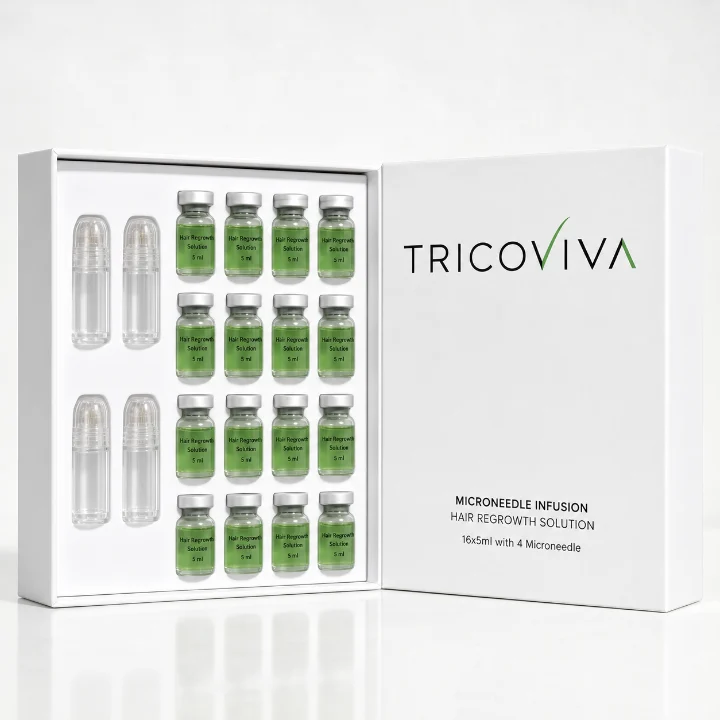 Box of the 4 month package: sixteen serum ampoules and four microneedles