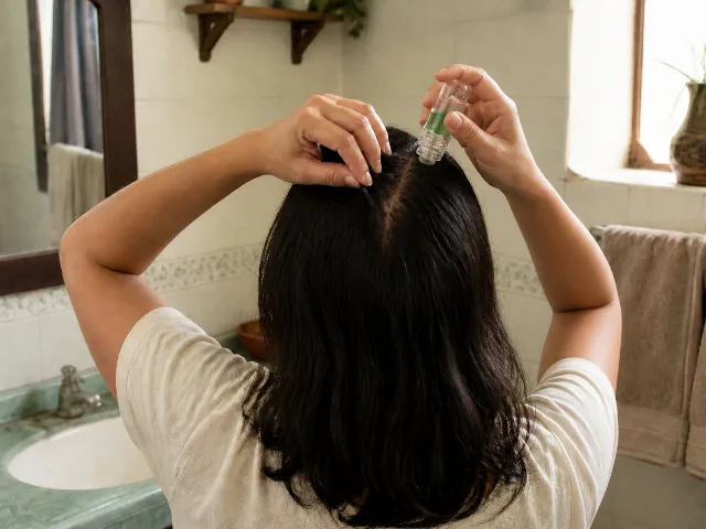 The microneedle being applied along the parting of the hair