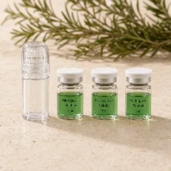 Three green serum vials next to the microneedle, seen up close